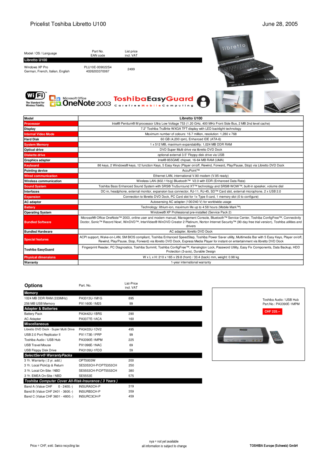 Toshiba LIBRETTO manual Pricelist Toshiba Libretto U100 June 28, Memory, Adapter & Batteries, Miscellaneous 