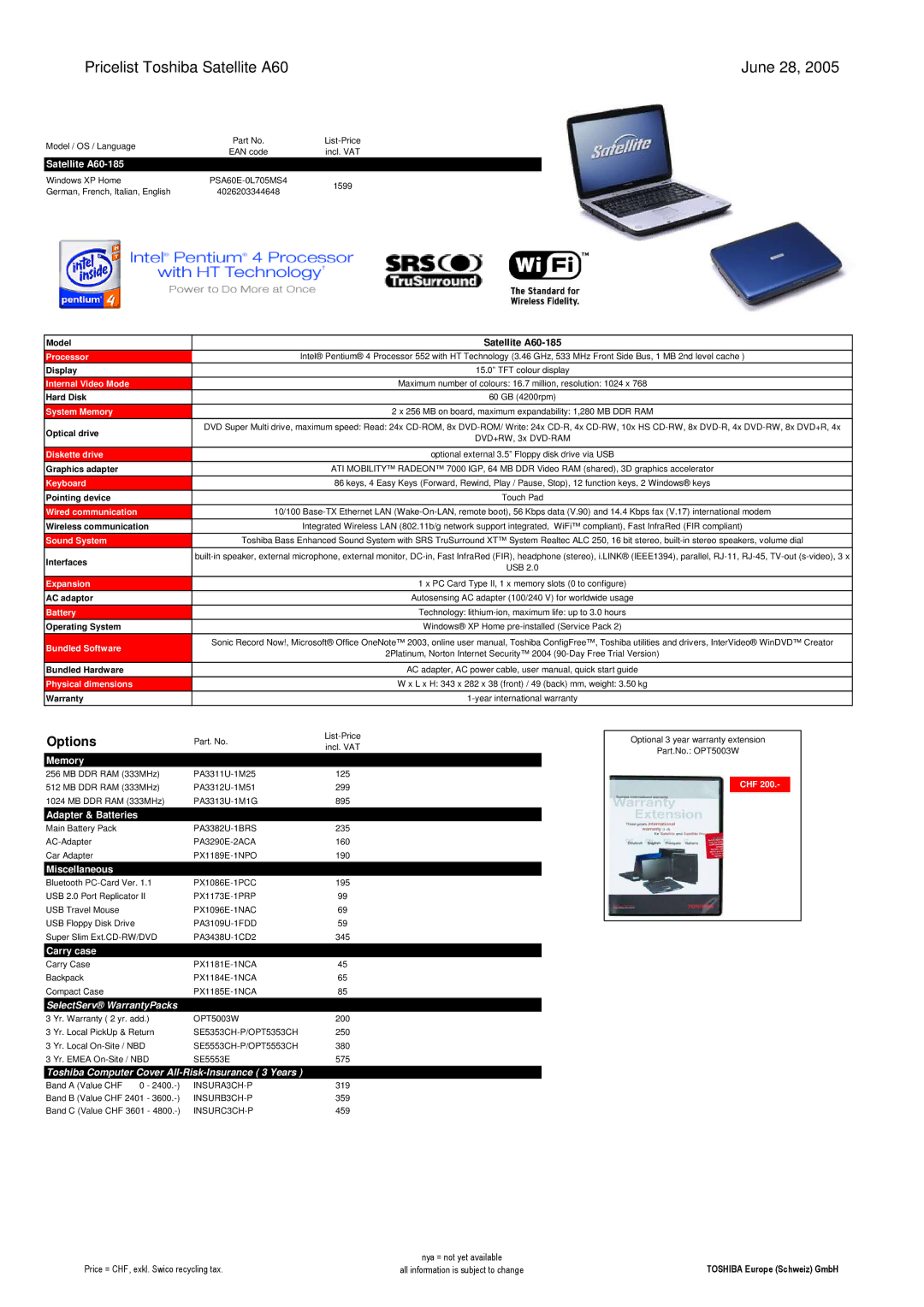 Toshiba LIBRETTO manual Pricelist Toshiba Satellite A60 June 28, Model Satellite A60-185 