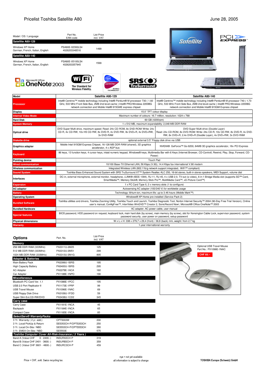 Toshiba LIBRETTO manual Pricelist Toshiba Satellite A80 June 28, Satellite A80-129, Satellite A80-140, Warranty 