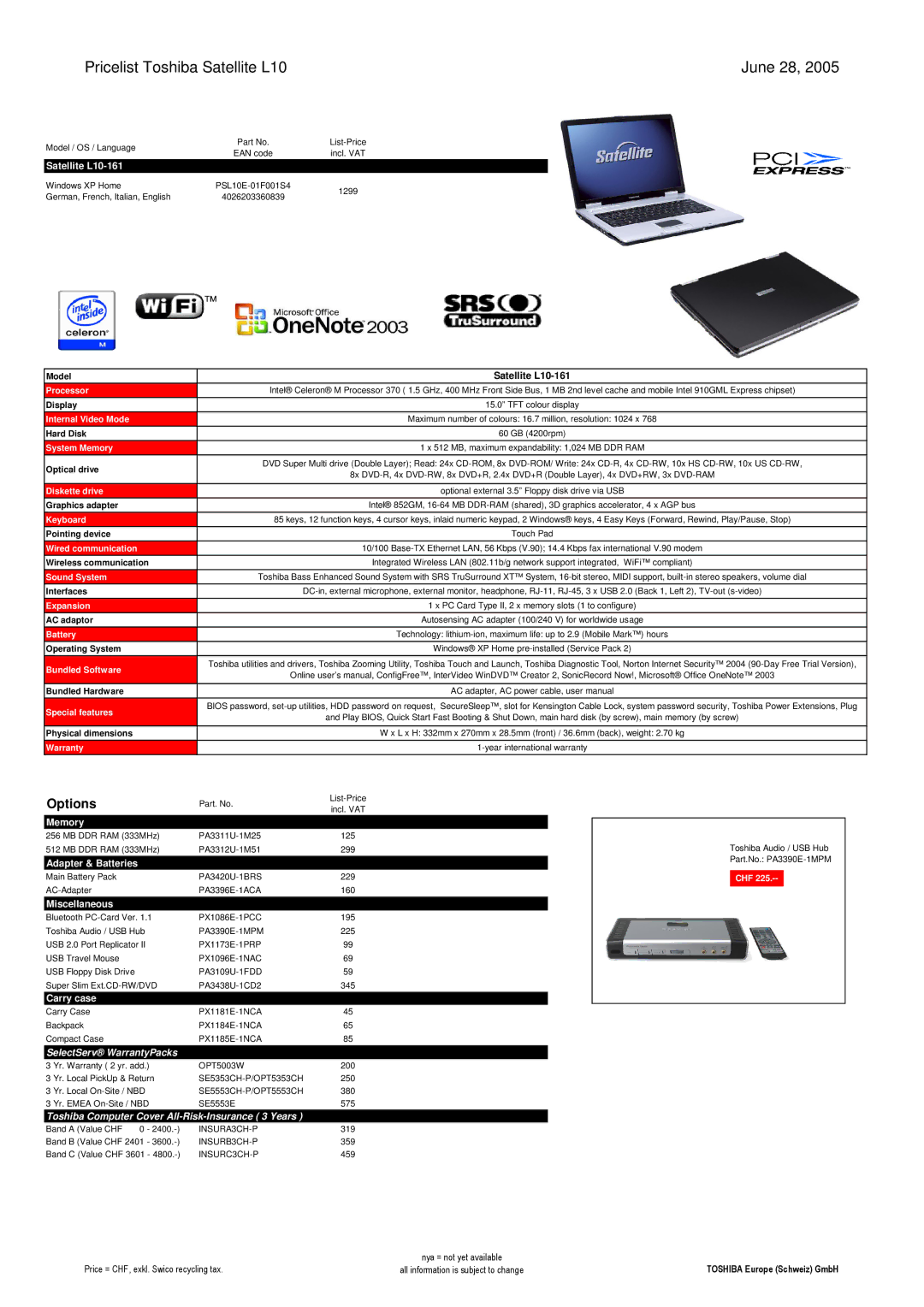 Toshiba LIBRETTO manual Pricelist Toshiba Satellite L10 June 28, Model Satellite L10-161 