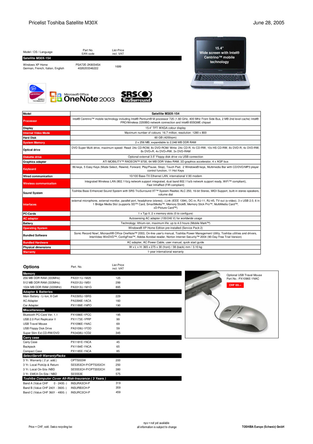 Toshiba LIBRETTO manual Pricelist Toshiba Satellite M30X June 28, 15.4, Technology 