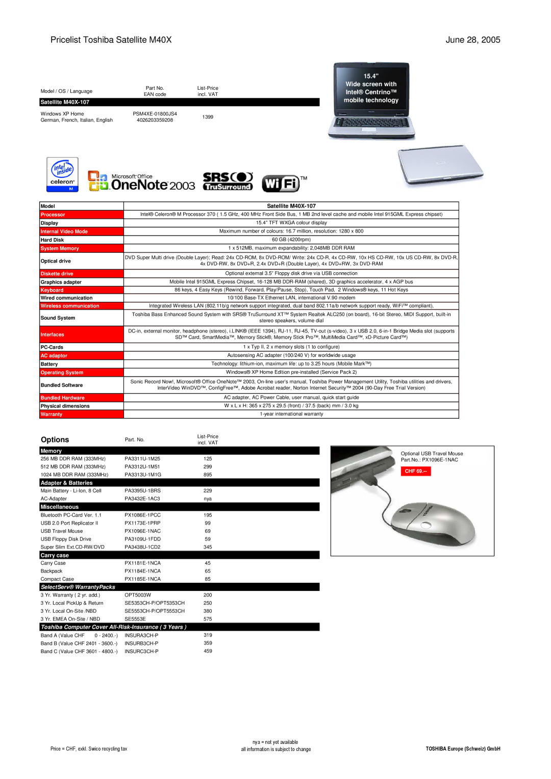 Toshiba LIBRETTO manual Pricelist Toshiba Satellite M40X June 28 