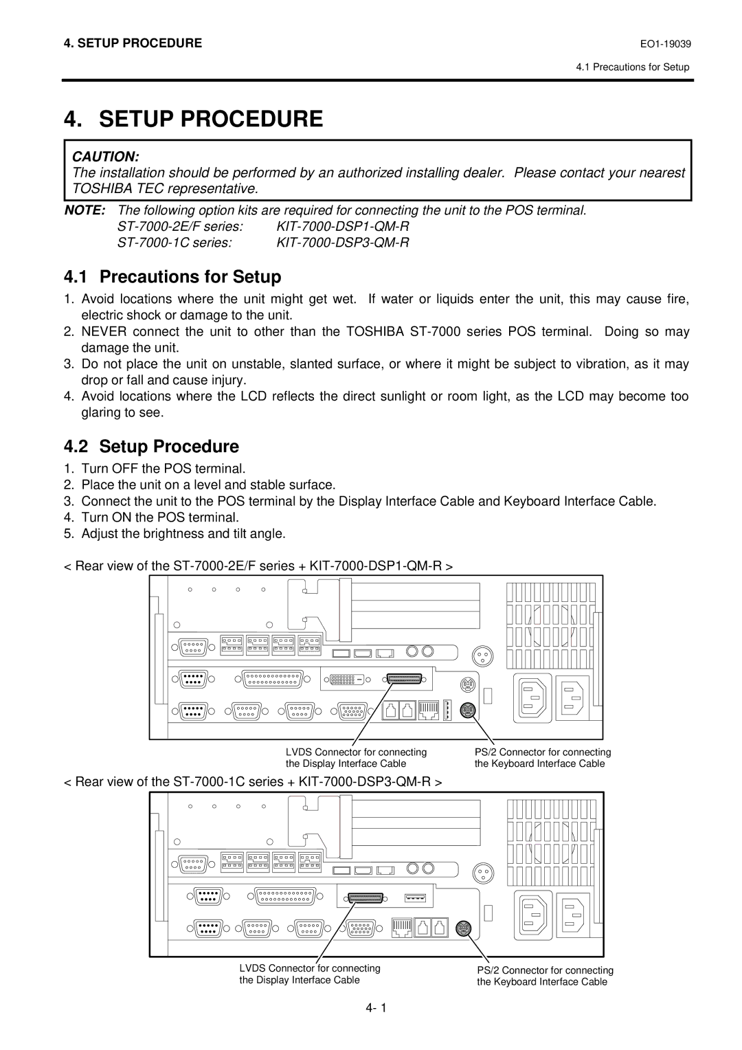 Toshiba LKBST-65-TF12 SERIES owner manual Setup Procedure, Precautions for Setup 