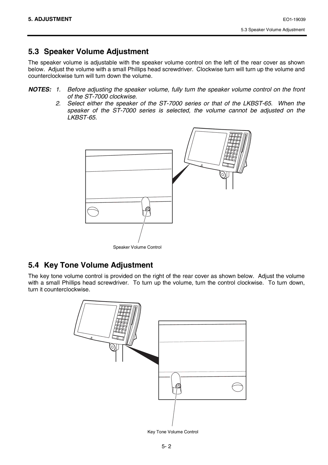 Toshiba LKBST-65-TF12 SERIES owner manual Speaker Volume Adjustment, Key Tone Volume Adjustment 