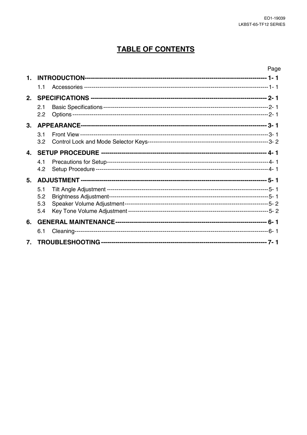 Toshiba LKBST-65-TF12 SERIES owner manual Table of Contents 