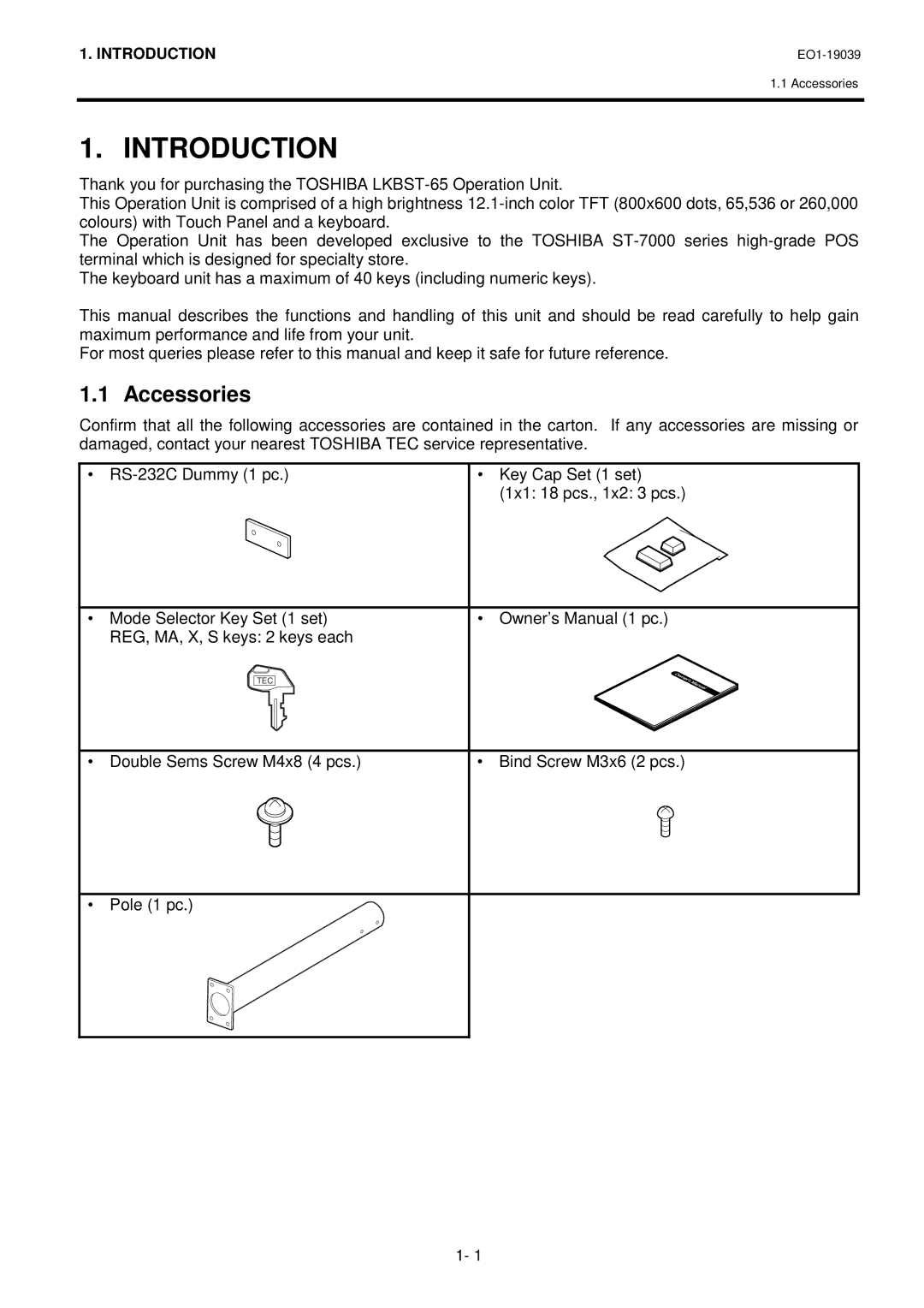 Toshiba LKBST-65-TF12 SERIES owner manual Introduction, Accessories 