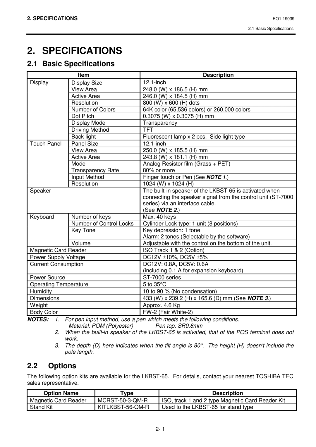 Toshiba LKBST-65-TF12 SERIES owner manual Basic Specifications, Options 