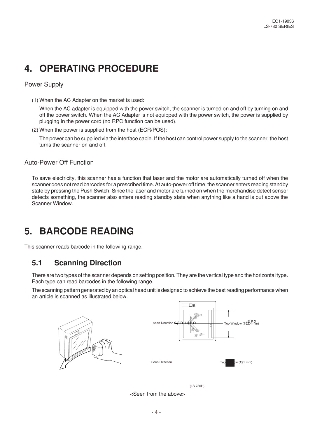 Toshiba LS-780 SERIES, EO1-19036M owner manual Operating Procedure, Barcode Reading, Scanning Direction 