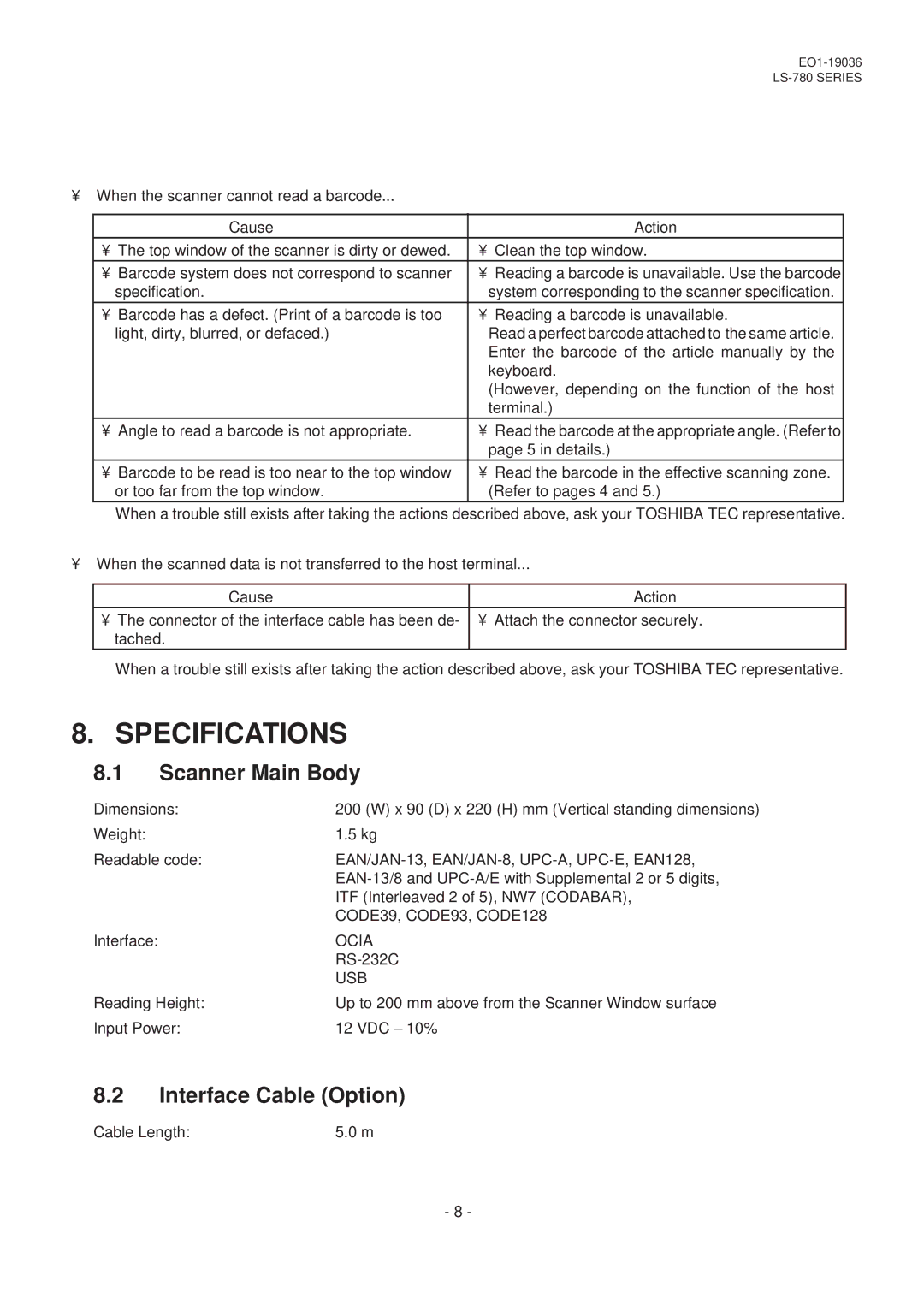 Toshiba EO1-19036M, LS-780 SERIES owner manual Specifications, Scanner Main Body, Interface Cable Option 