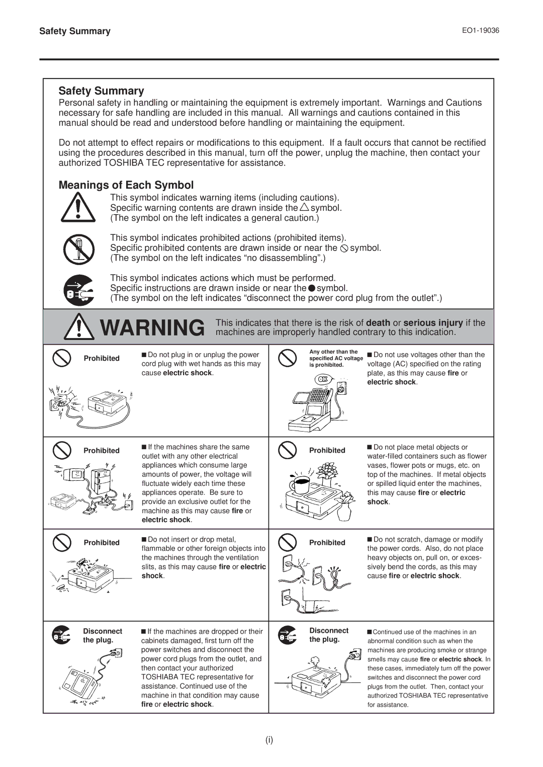 Toshiba LS-780 SERIES, EO1-19036M owner manual Safety Summary 