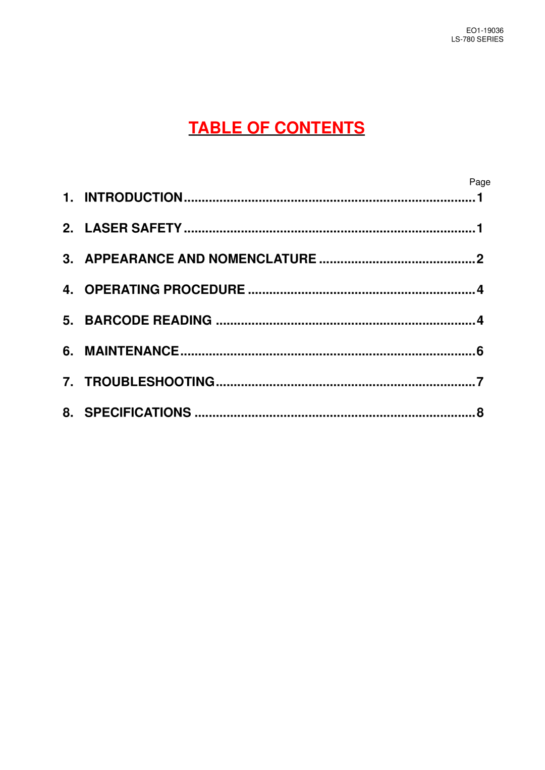 Toshiba LS-780 SERIES, EO1-19036M owner manual Table of Contents 