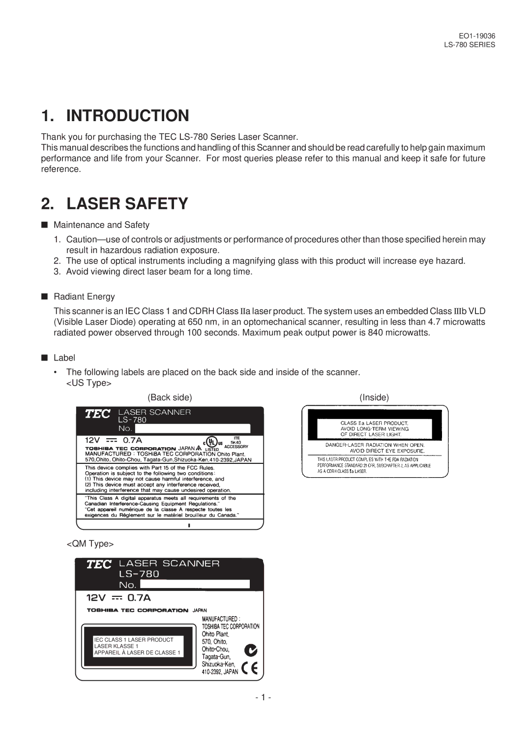 Toshiba LS-780 SERIES, EO1-19036M owner manual Introduction, Laser Safety 