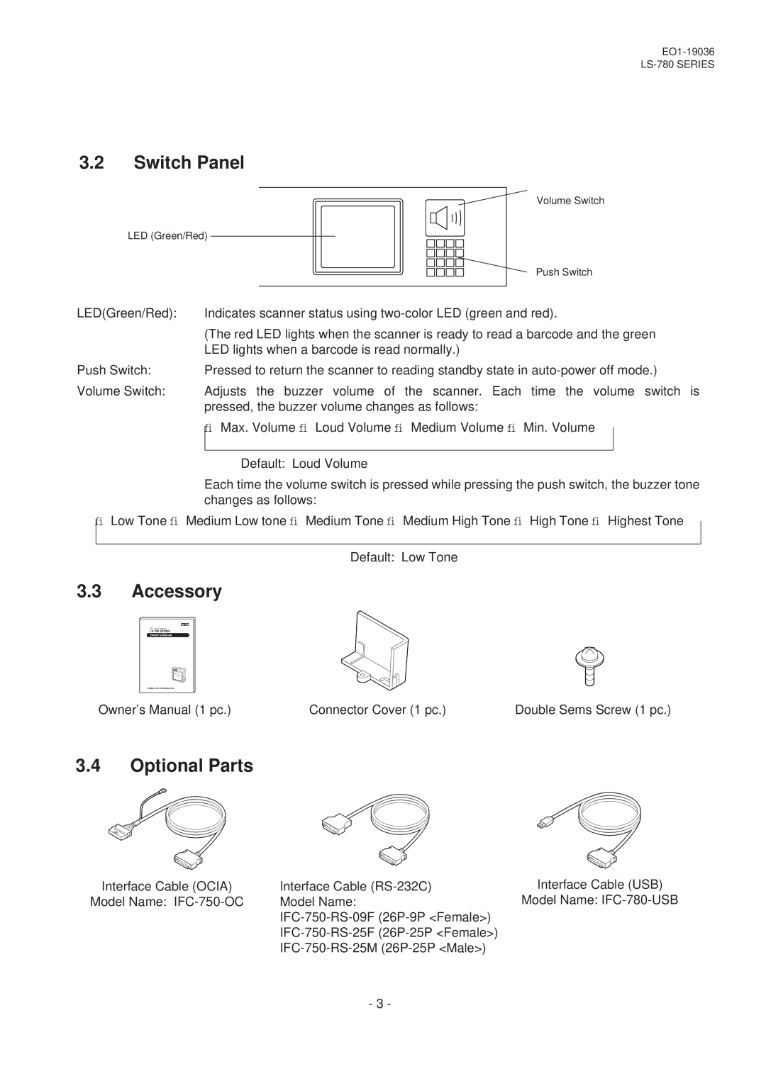 Toshiba LS-780 SERIES, EO1-19036M owner manual Switch Panel, Accessory, Optional Parts 