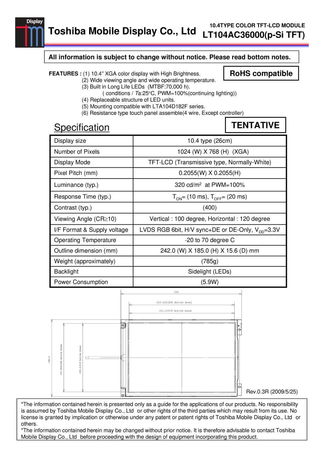 Toshiba LT104AC36000(P-SI TFT) manual Specification, Tentative 