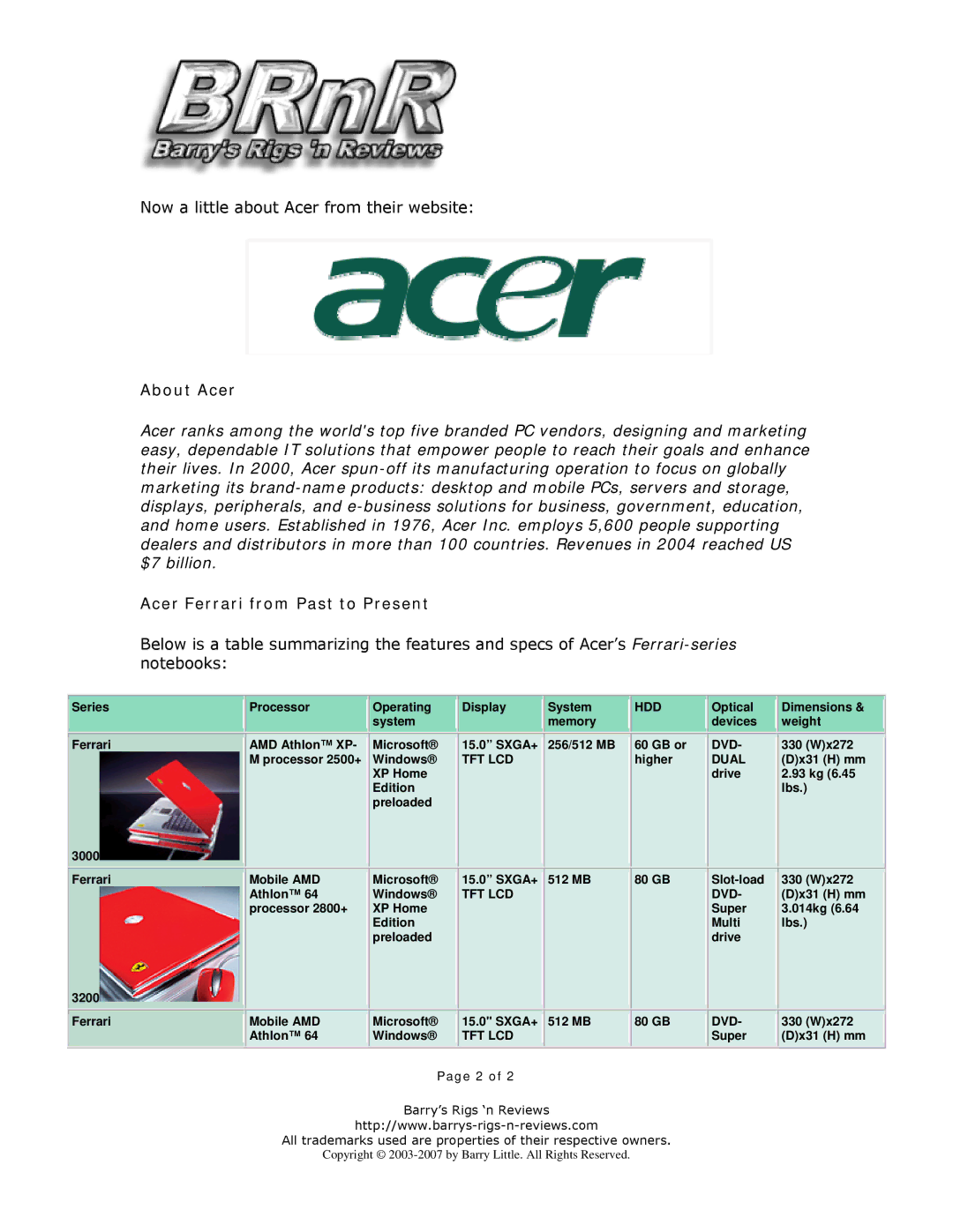 Toshiba LX.FR406.035, 4000 4005WLMi manual About Acer, Acer Ferrari from Past to Present 