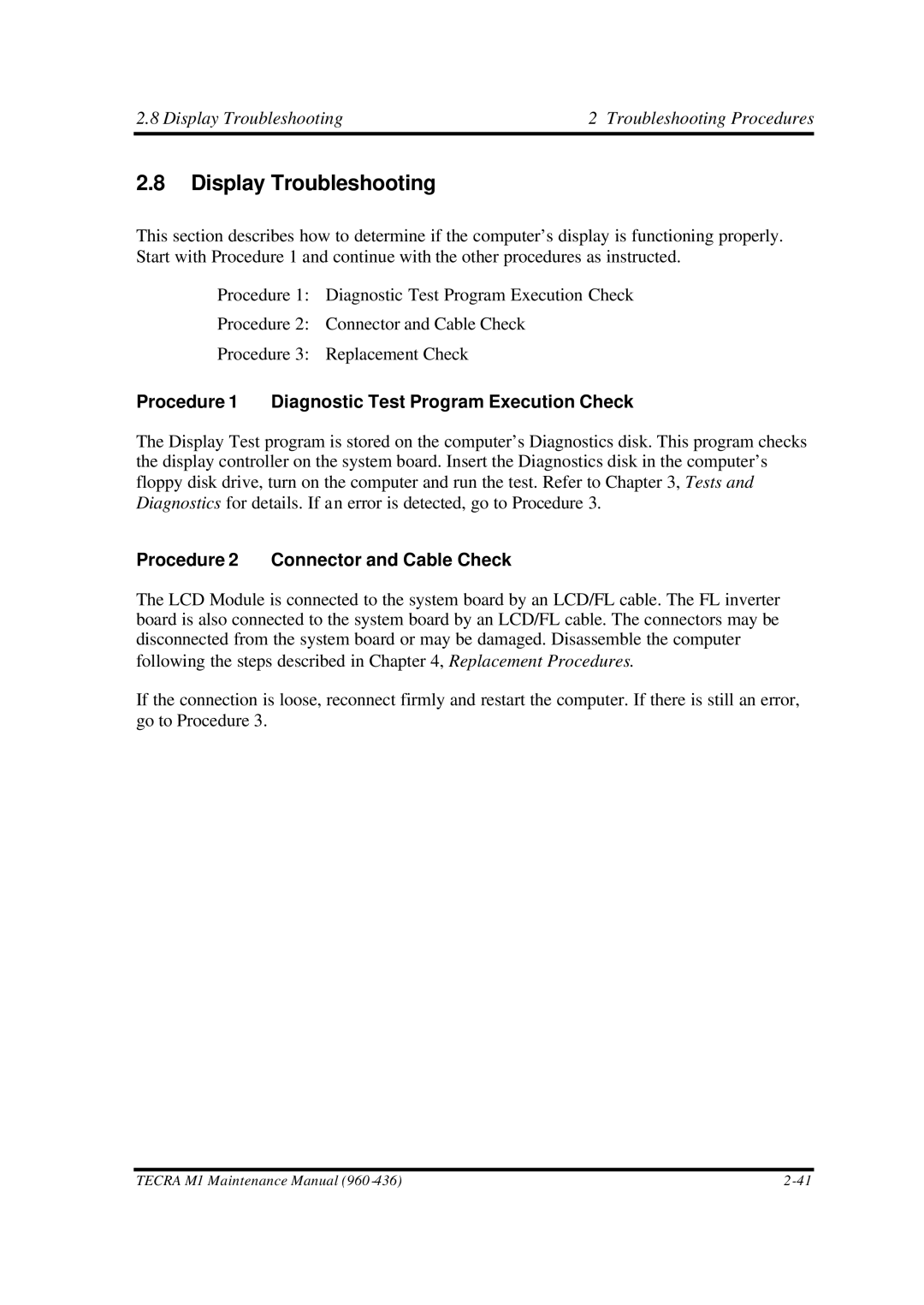 Toshiba M1 manual Display Troubleshooting Troubleshooting Procedures, Procedure 2 Connector and Cable Check 