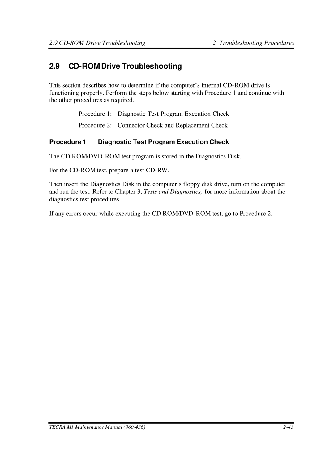 Toshiba M1 manual CD-ROM Drive Troubleshooting Troubleshooting Procedures 