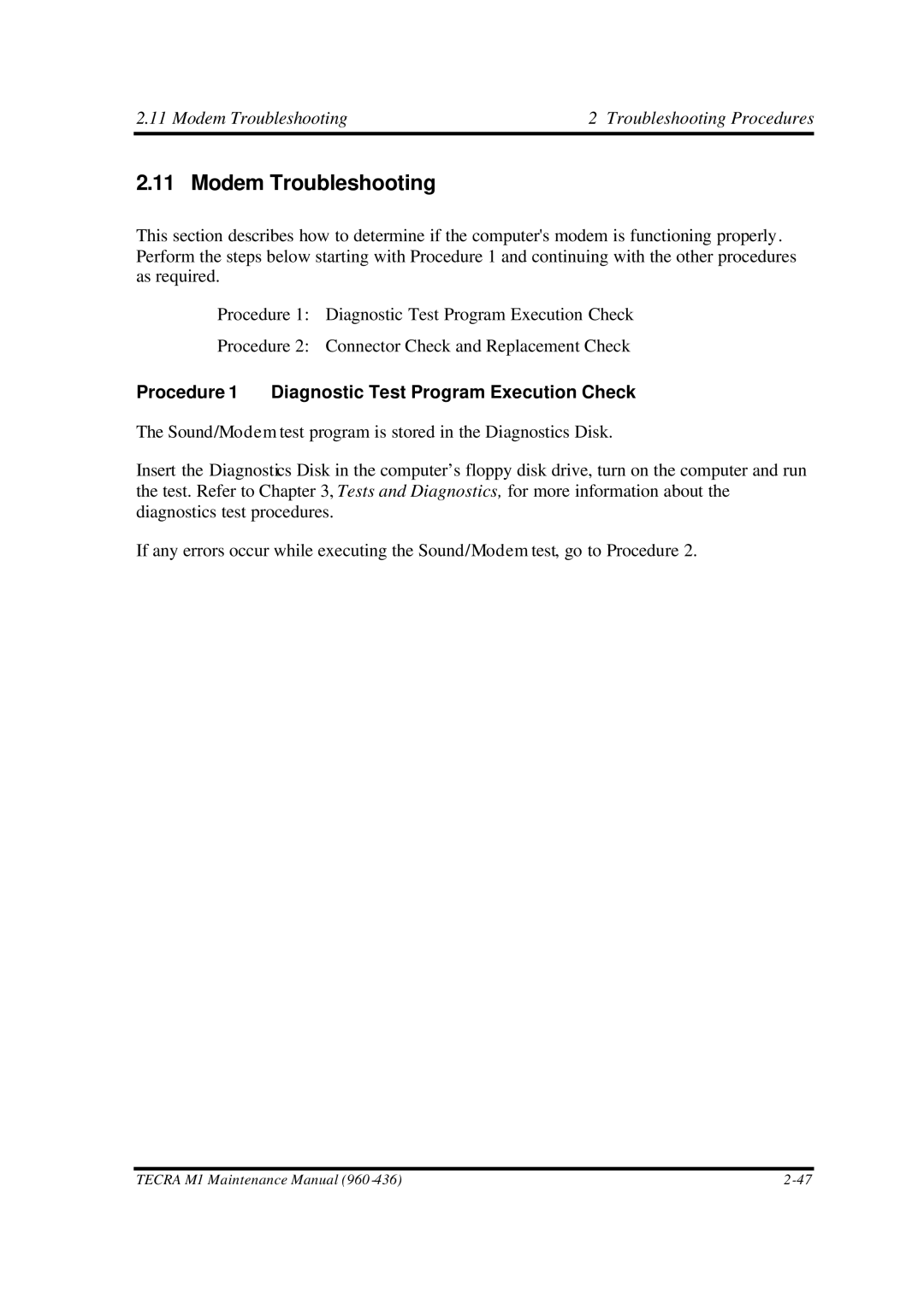 Toshiba M1 manual Modem Troubleshooting Troubleshooting Procedures 