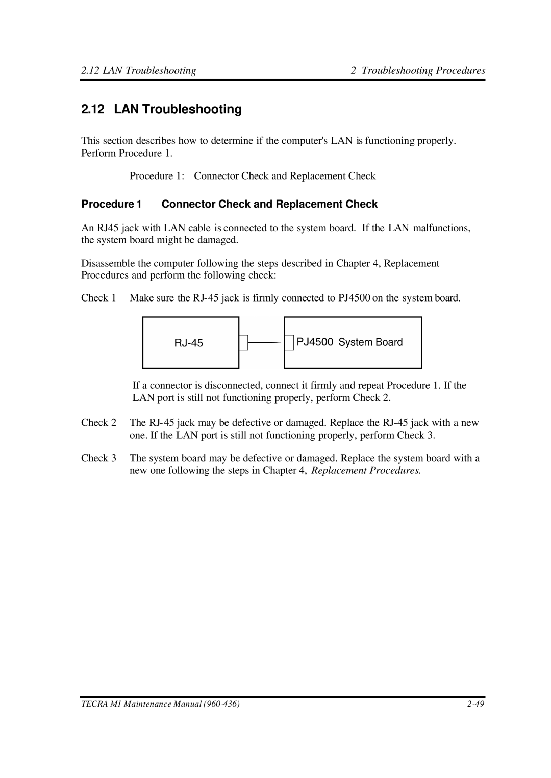 Toshiba M1 manual LAN Troubleshooting Troubleshooting Procedures, Procedure 1 Connector Check and Replacement Check 