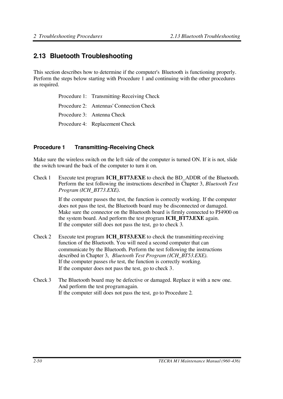 Toshiba M1 manual Bluetooth Troubleshooting, Procedure 1 Transmitting-Receiving Check 