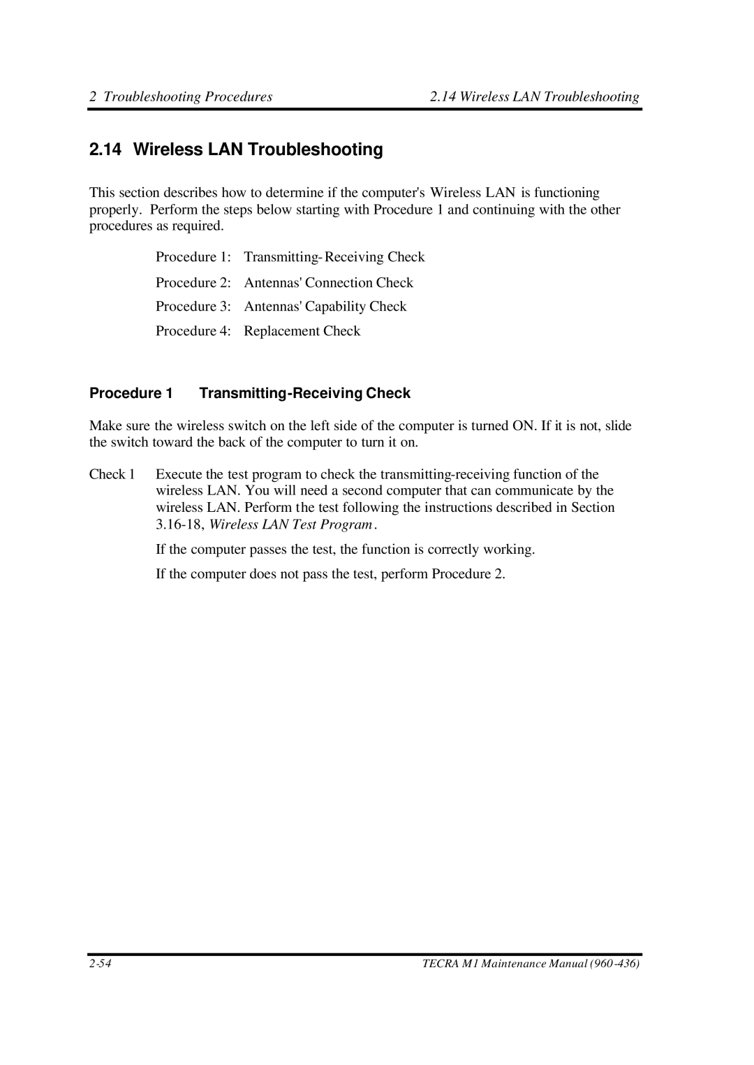 Toshiba M1 manual Wireless LAN Troubleshooting, Procedure 1 Transmitting-Receiving Check 