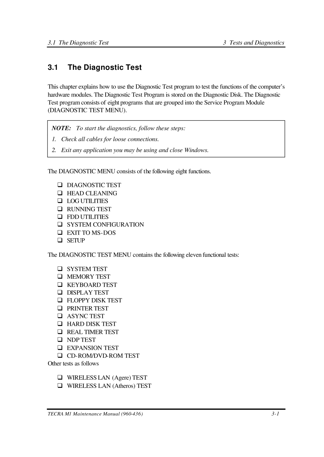 Toshiba M1 manual Diagnostic Test Tests and Diagnostics 