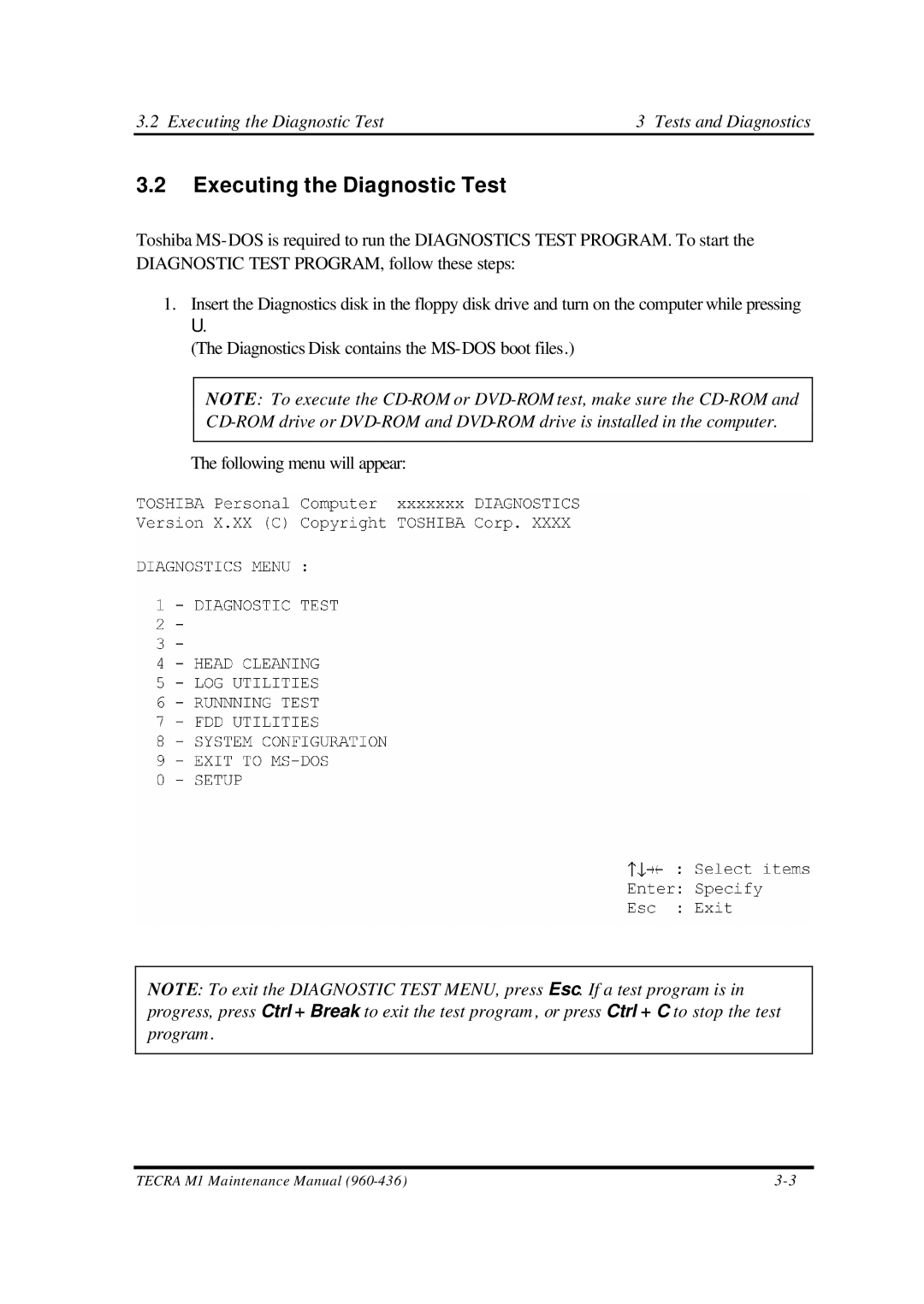 Toshiba M1 manual Executing the Diagnostic Test Tests and Diagnostics 