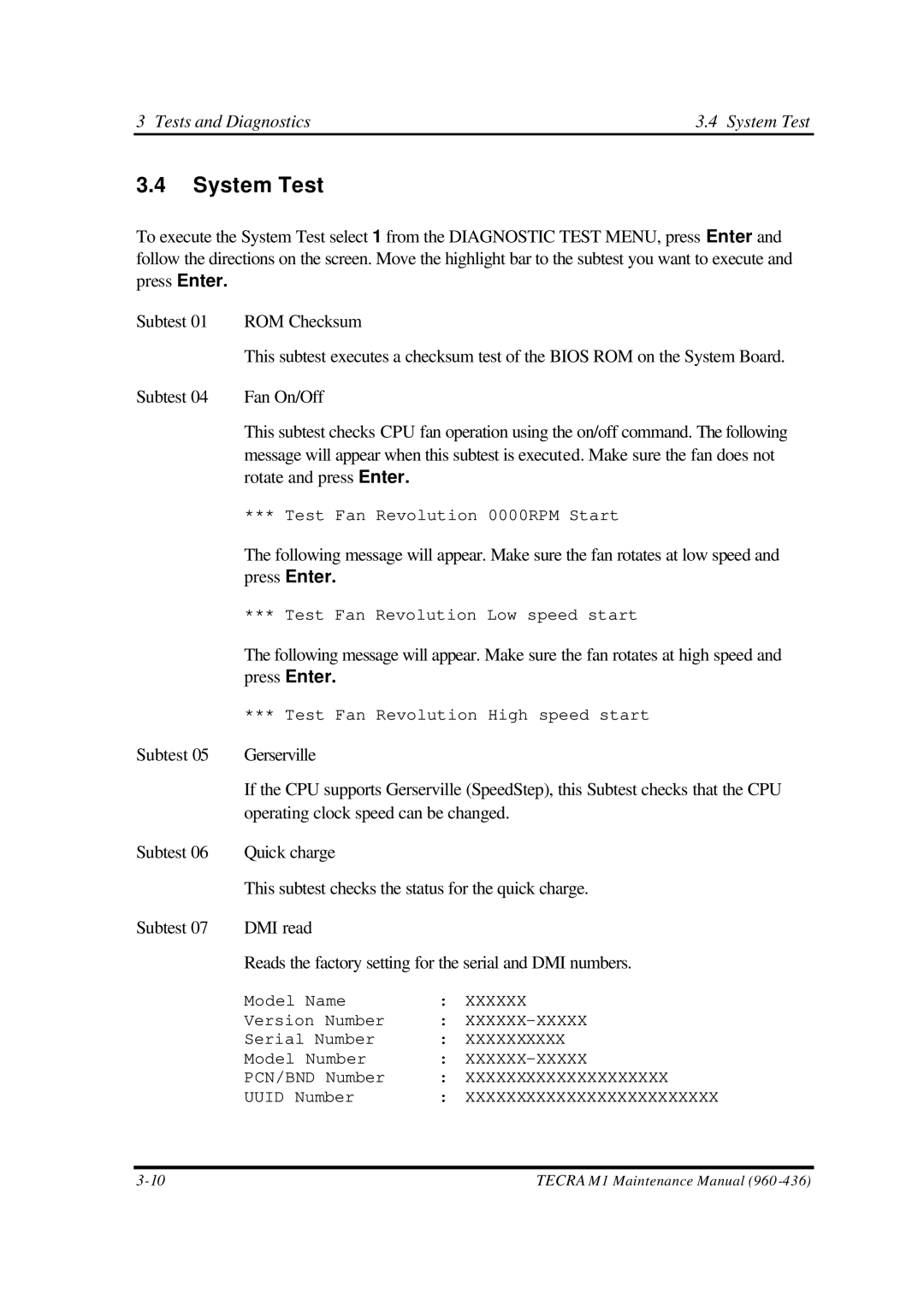 Toshiba M1 manual Tests and Diagnostics System Test 