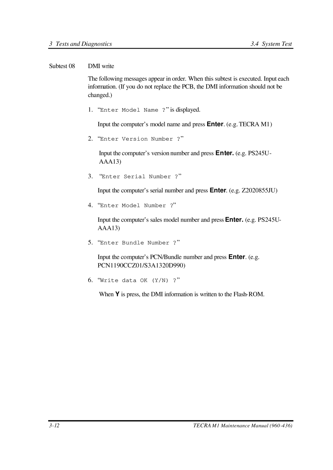 Toshiba M1 manual Tests and Diagnostics System Test Subtest DMI write, Changed 