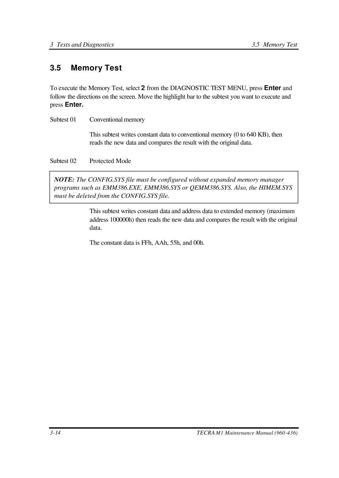 Toshiba M1 manual Tests and Diagnostics Memory Test 