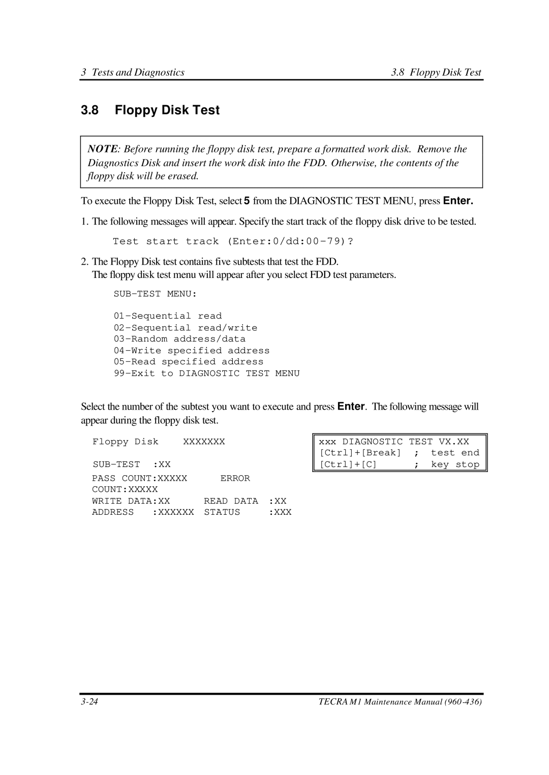 Toshiba M1 manual Tests and Diagnostics Floppy Disk Test 