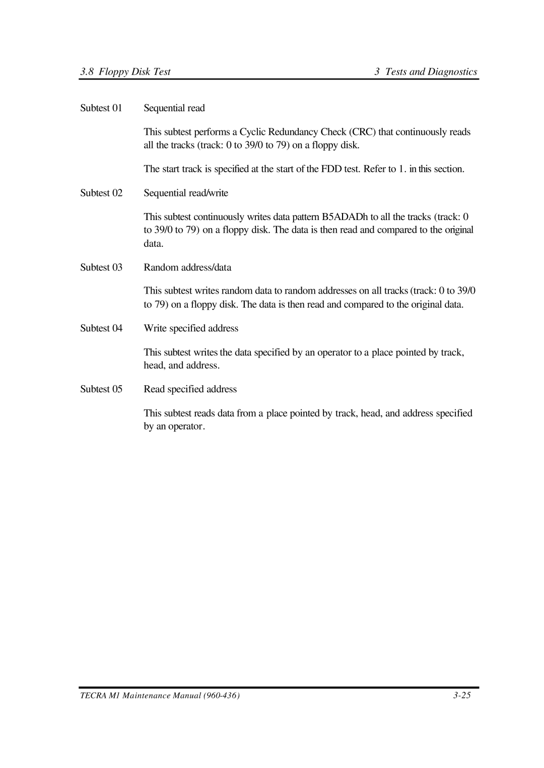 Toshiba M1 manual Data Subtest Random address/data, By an operator 