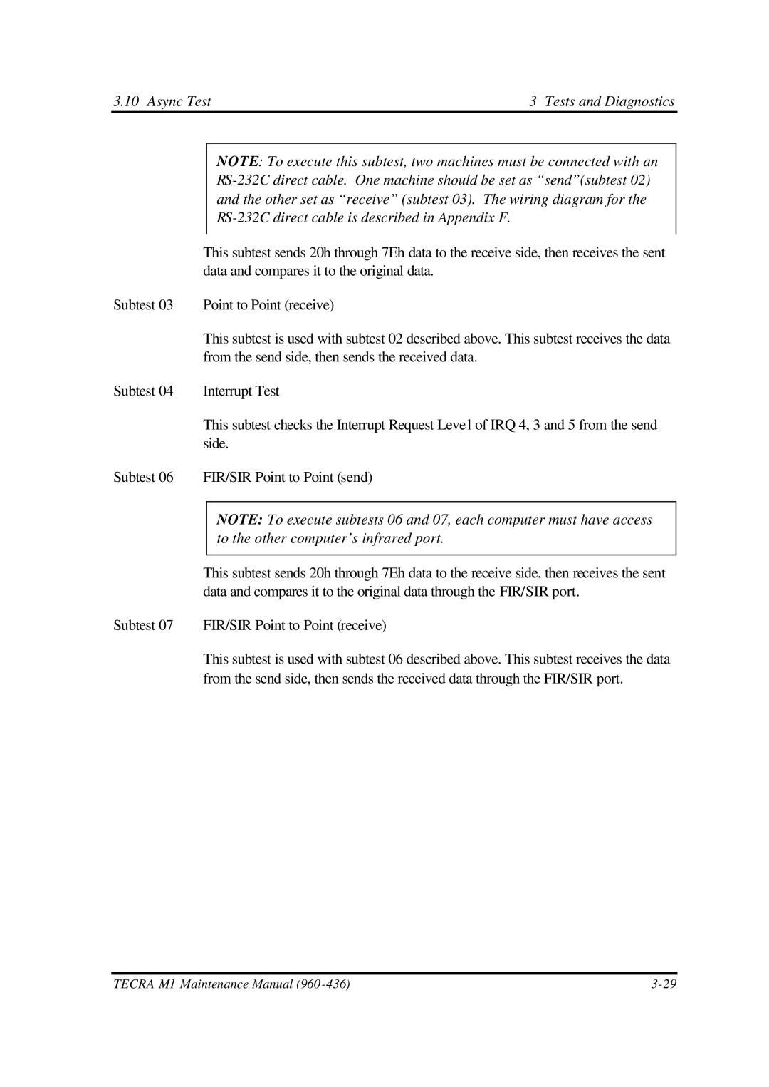 Toshiba M1 manual Subtest FIR/SIR Point to Point receive 