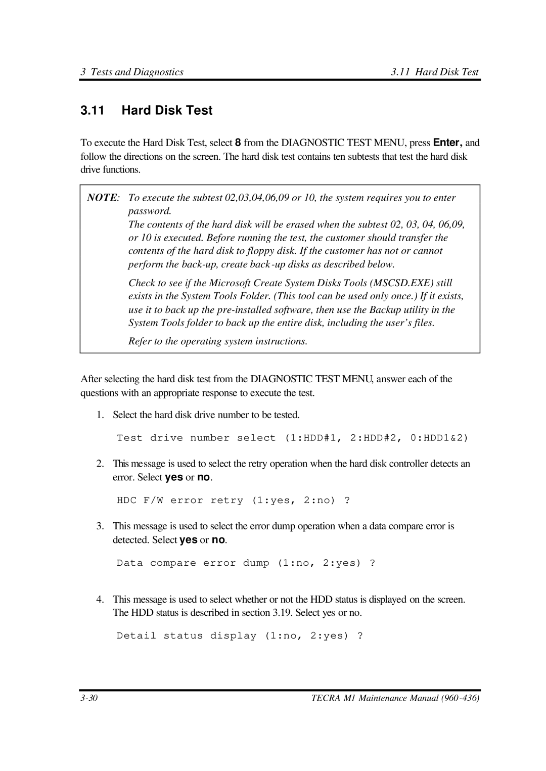 Toshiba M1 manual Tests and Diagnostics Hard Disk Test, Refer to the operating system instructions 