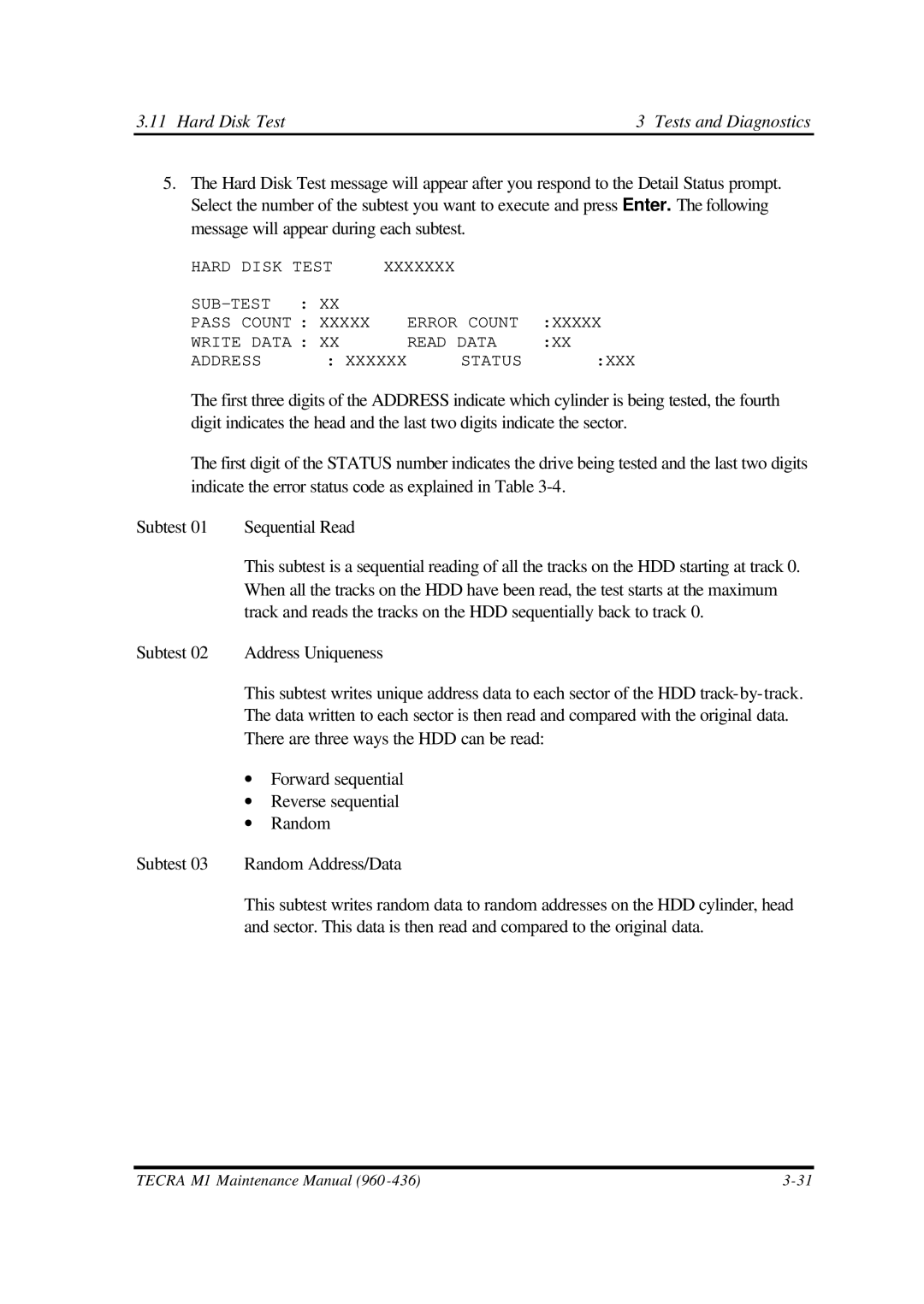 Toshiba M1 manual Hard Disk Test Tests and Diagnostics 