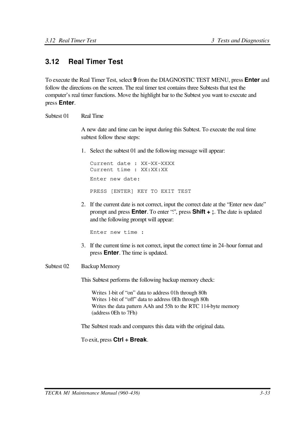 Toshiba M1 manual Real Timer Test Tests and Diagnostics 