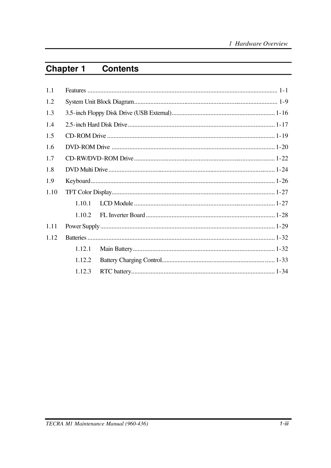 Toshiba M1 manual Chapter Contents 