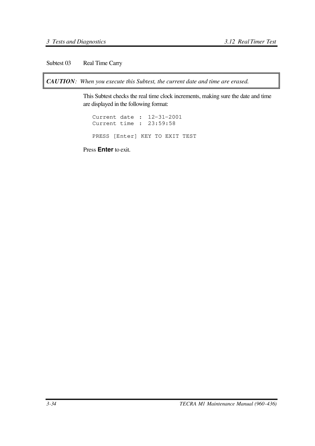 Toshiba M1 manual Tests and Diagnostics Real Timer Test 