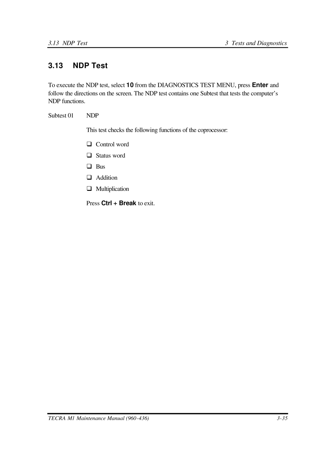 Toshiba M1 manual NDP Test Tests and Diagnostics 