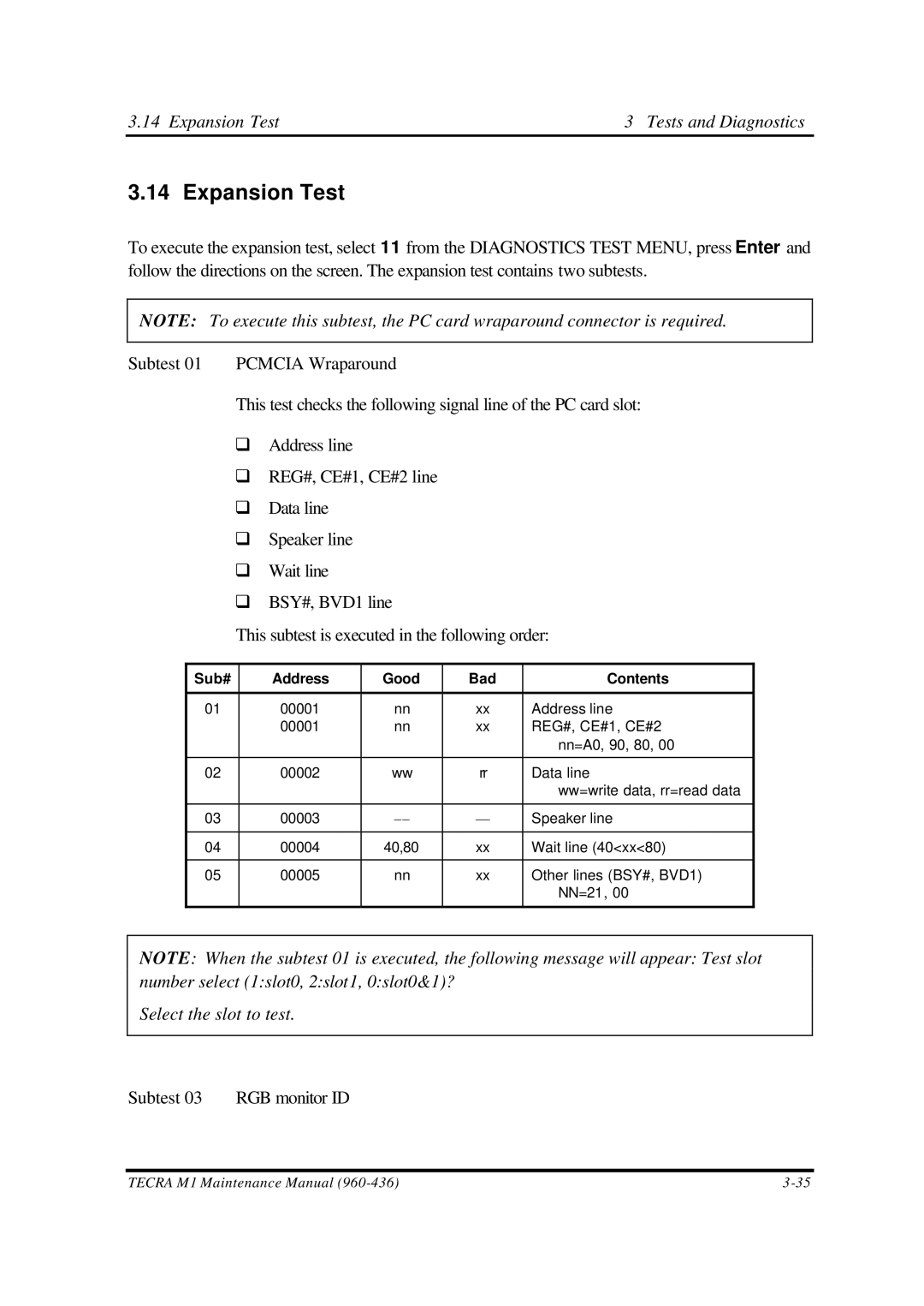 Toshiba M1 manual Expansion Test Tests and Diagnostics, Select the slot to test, Sub# Address Good Bad Contents 