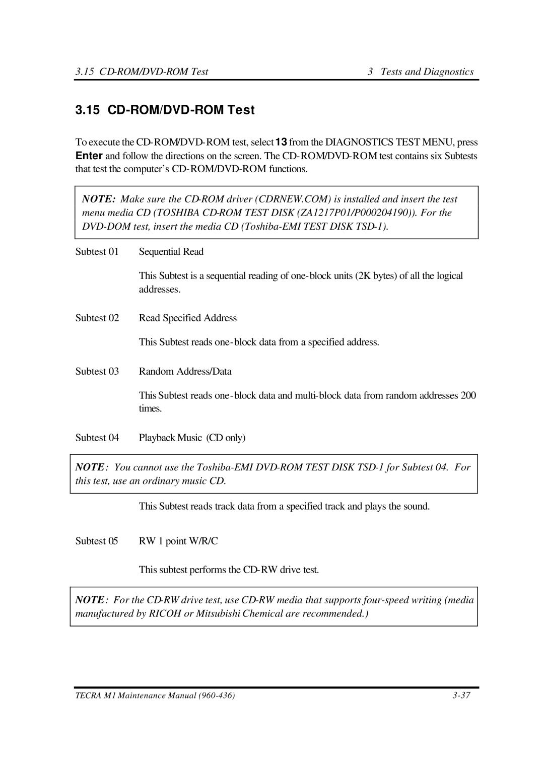 Toshiba M1 manual CD-ROM/DVD-ROM Test Tests and Diagnostics 