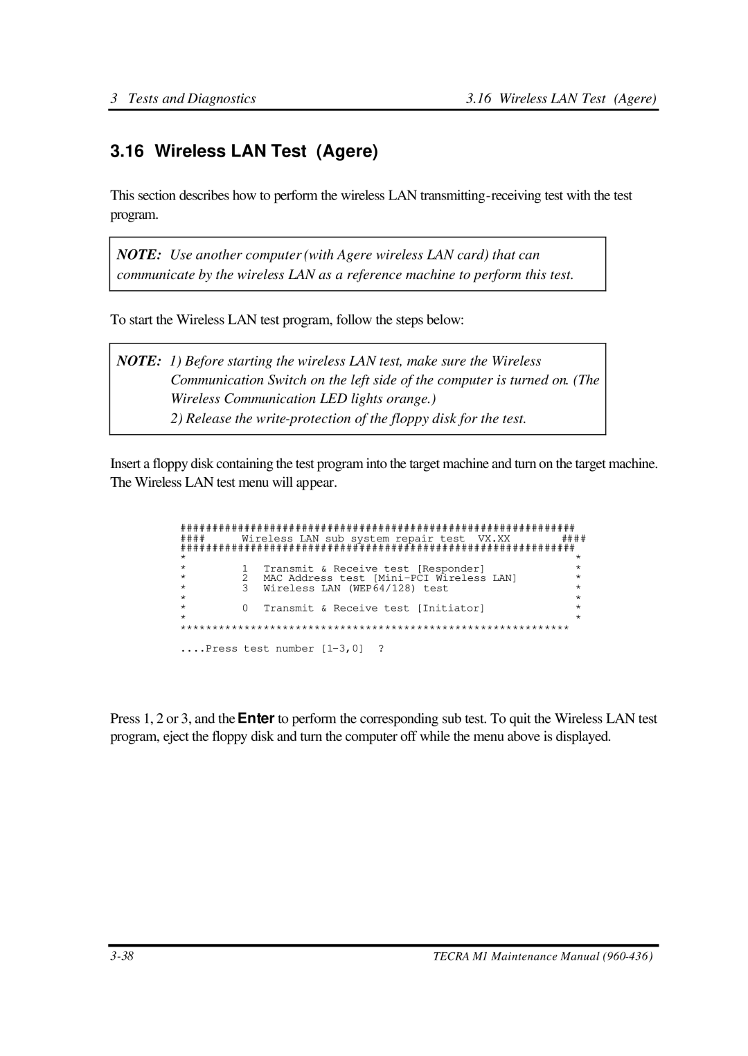 Toshiba M1 manual Tests and Diagnostics Wireless LAN Test Agere 