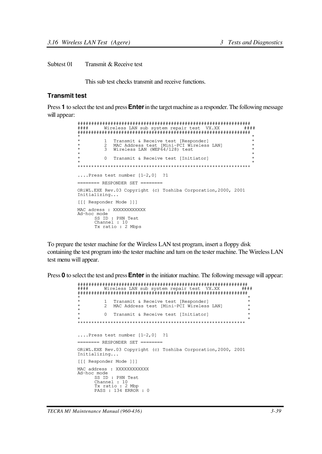 Toshiba M1 manual Wireless LAN Test Agere Tests and Diagnostics, Transmit test 