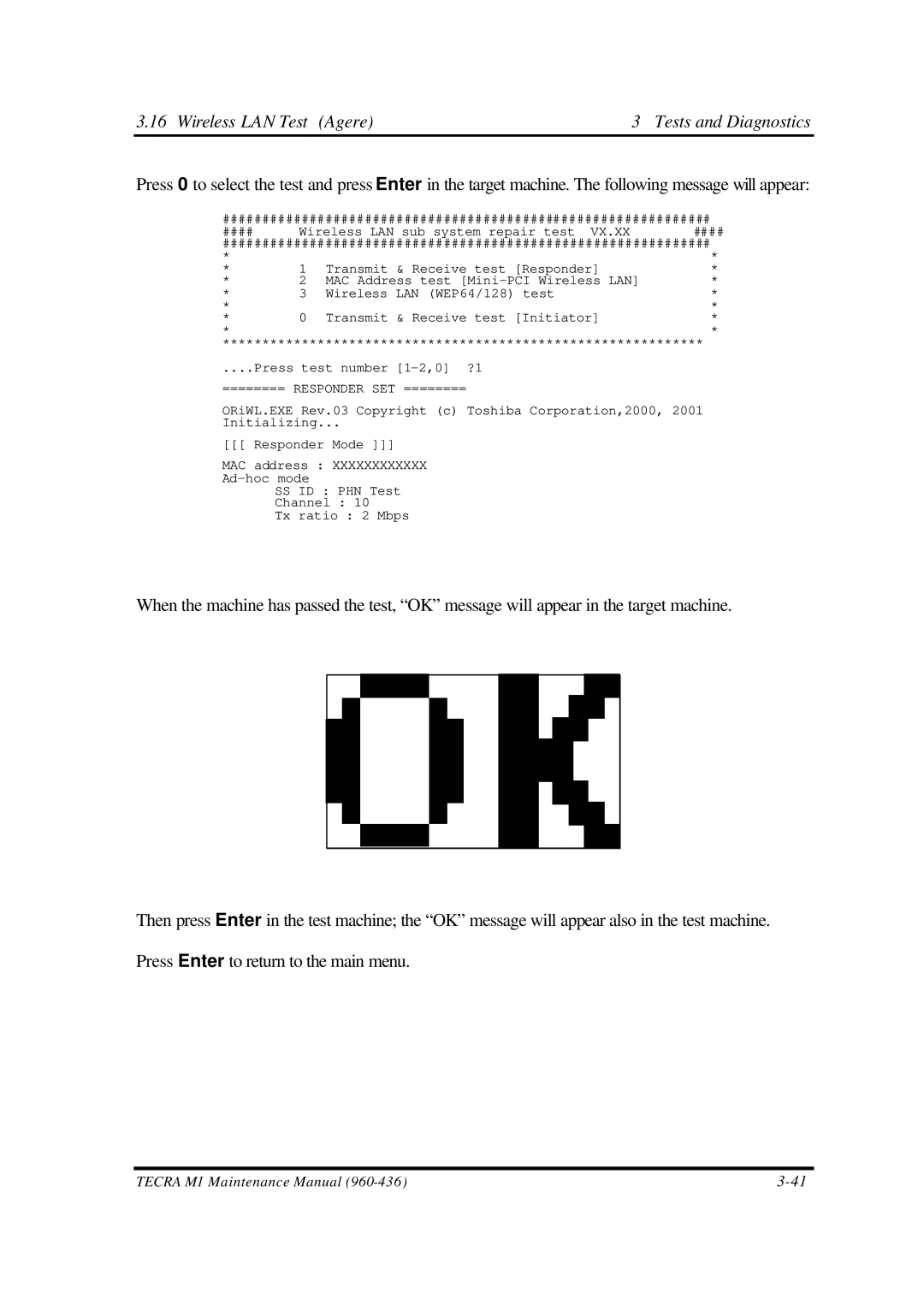 Toshiba M1 manual Wireless LAN Test Agere Tests and Diagnostics 