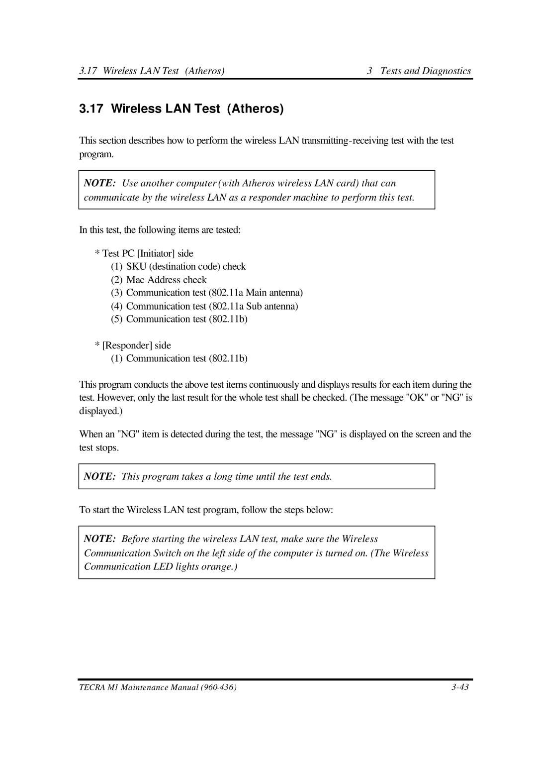 Toshiba M1 manual Wireless LAN Test Atheros Tests and Diagnostics 