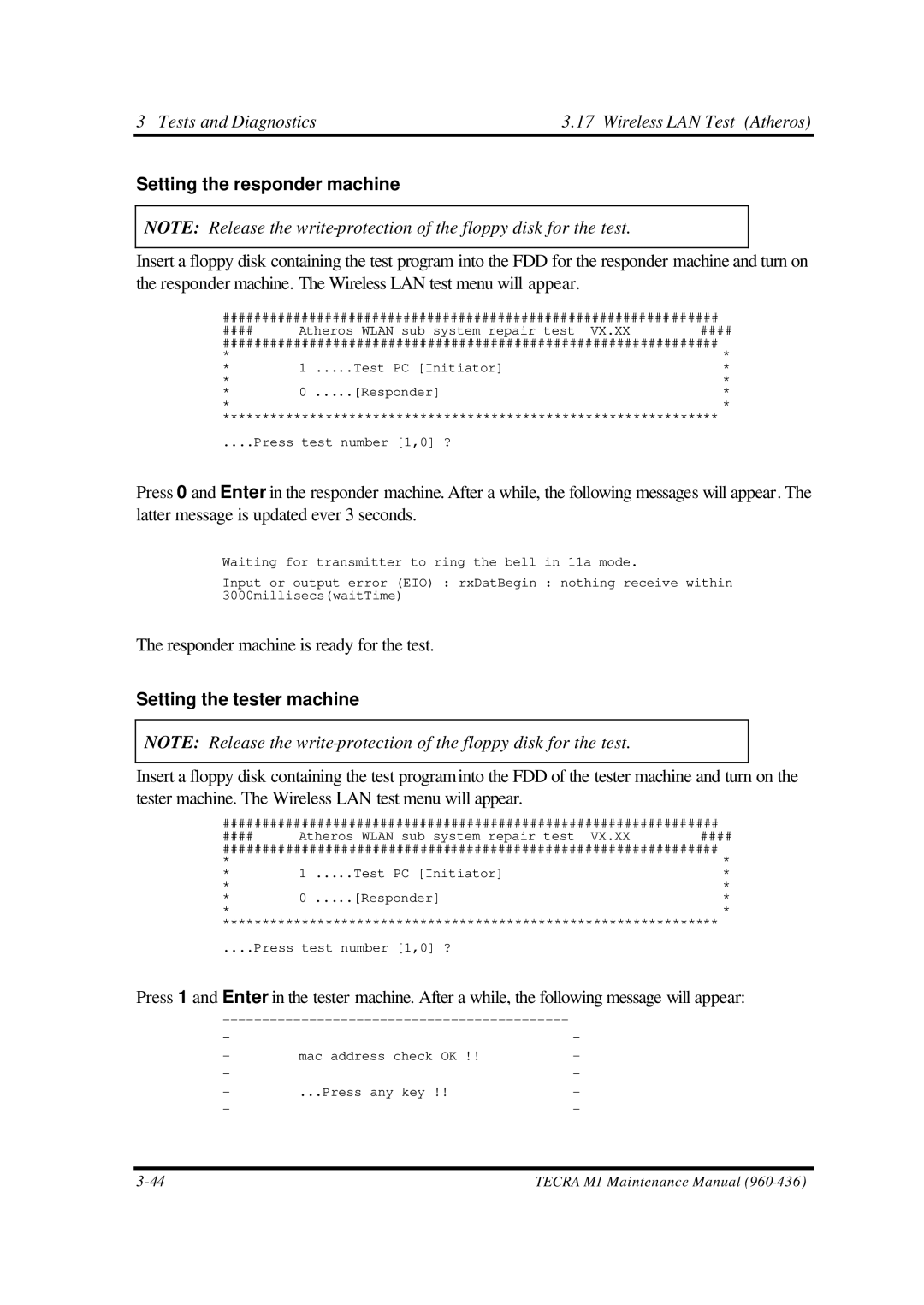 Toshiba M1 Tests and Diagnostics Wireless LAN Test Atheros, Setting the responder machine, Setting the tester machine 