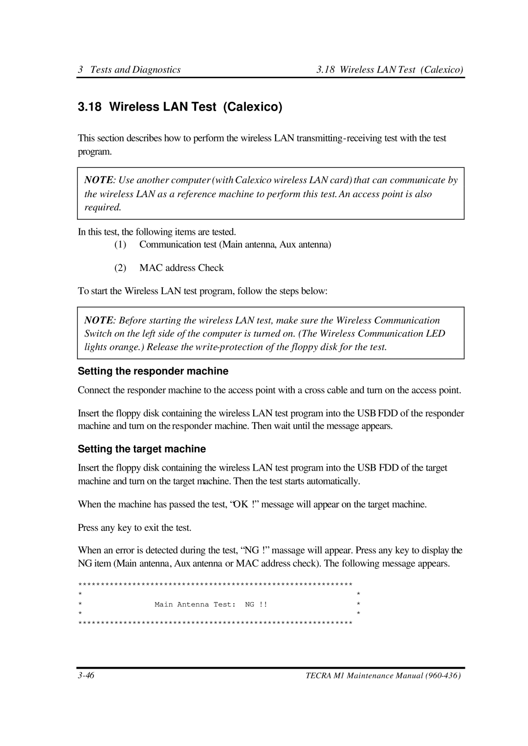 Toshiba M1 manual Tests and Diagnostics Wireless LAN Test Calexico, Setting the target machine 