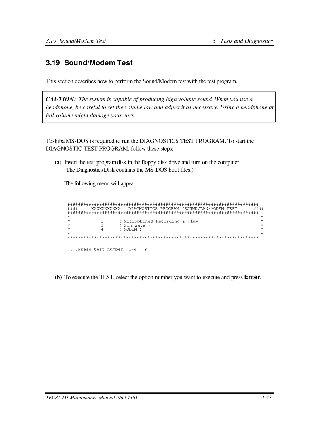 Toshiba M1 manual Sound/Modem Test Tests and Diagnostics 