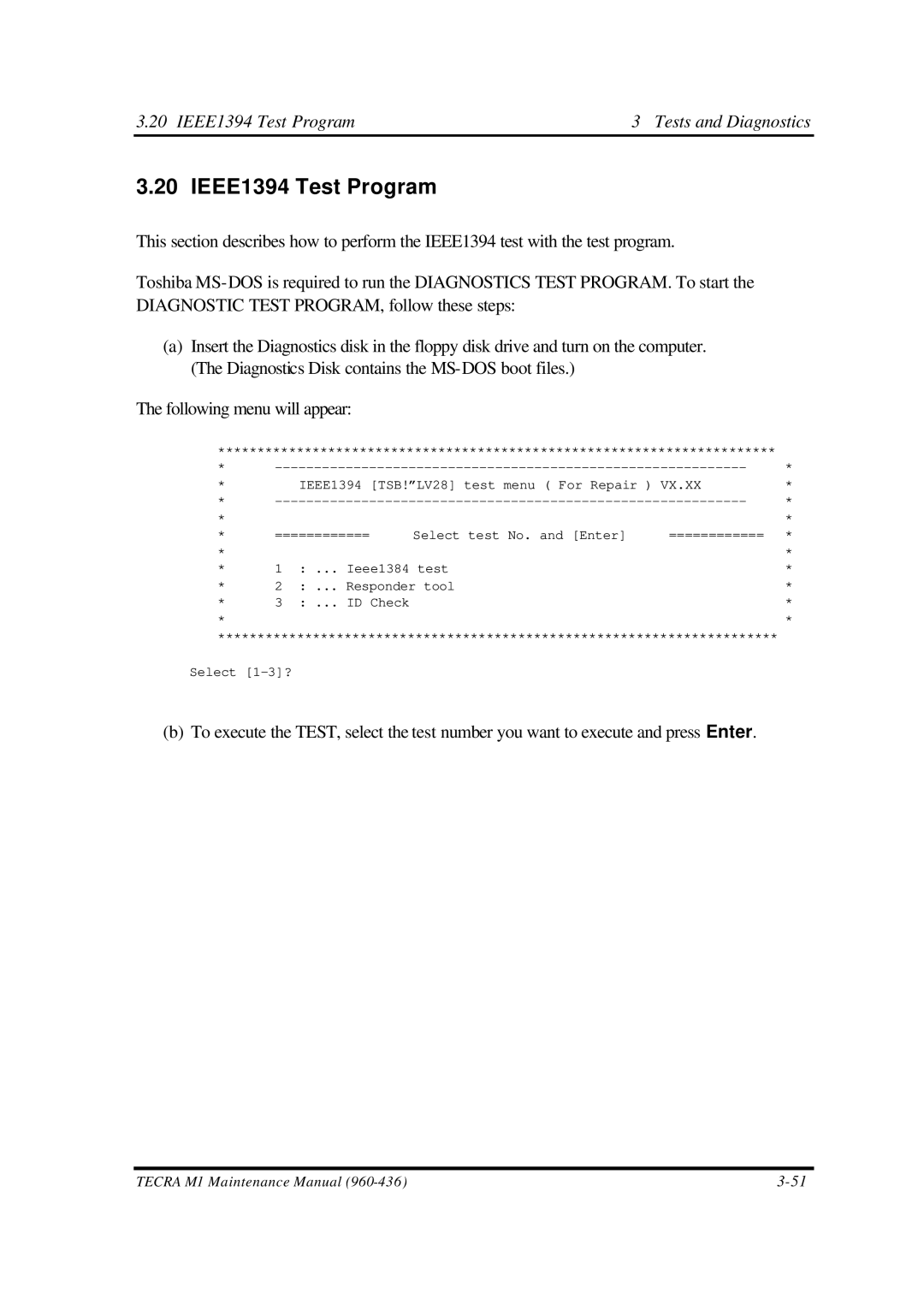 Toshiba M1 manual IEEE1394 Test Program Tests and Diagnostics 