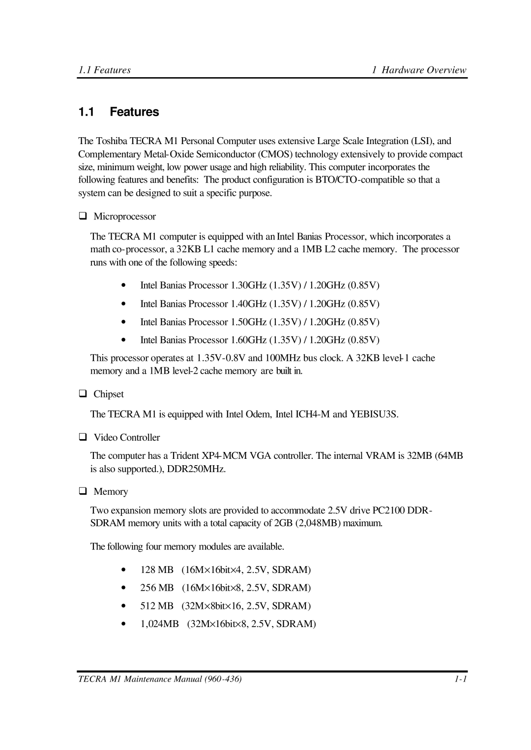 Toshiba M1 manual Features Hardware Overview 